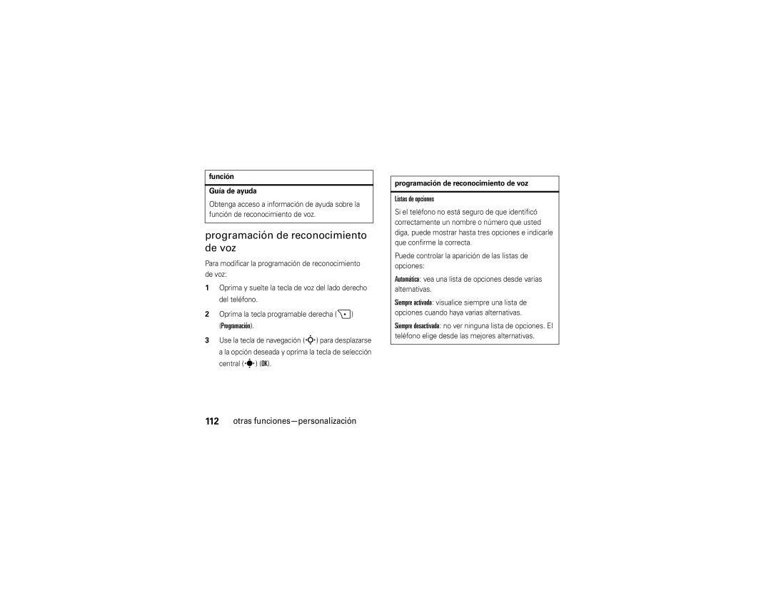Verizon Z6c manual Programación de reconocimiento de voz, Listas de opciones, Función Guía de ayuda 