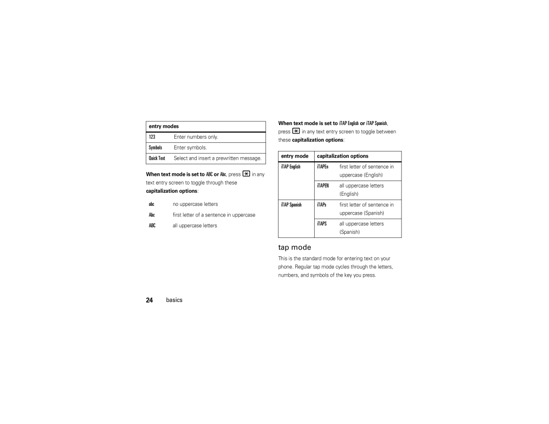 Verizon Z6c manual Tap mode, ITAP English ITAPEn, ITAPs, When text mode is set to ABC or Abc, press *in any 