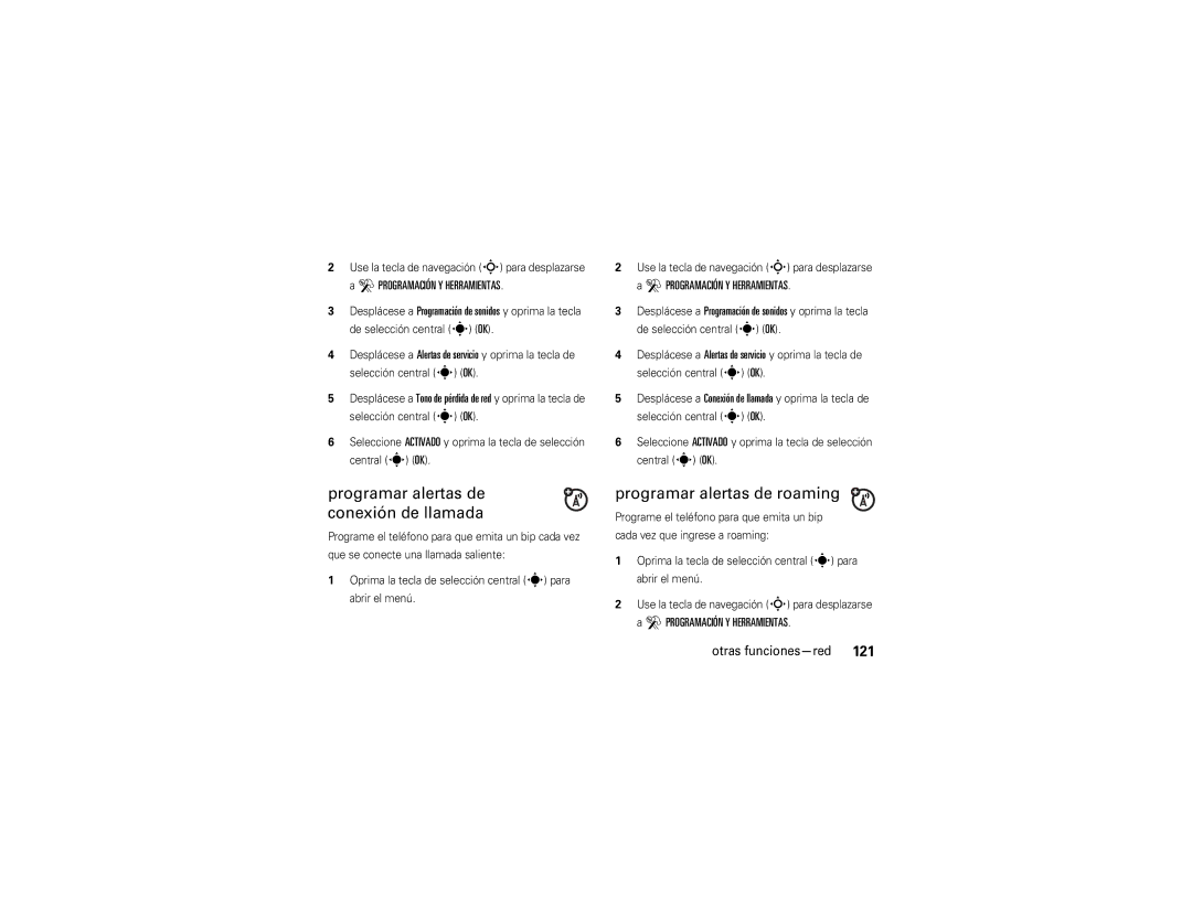 Verizon Z6c manual Programar alertas de conexión de llamada, Programar alertas de roaming, De selección central s OK 