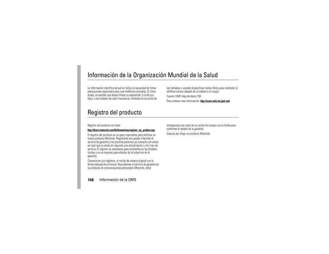 Verizon Z6c manual Información de la Organización Mundial de la Salud, Registro del producto, Información de la OMS 