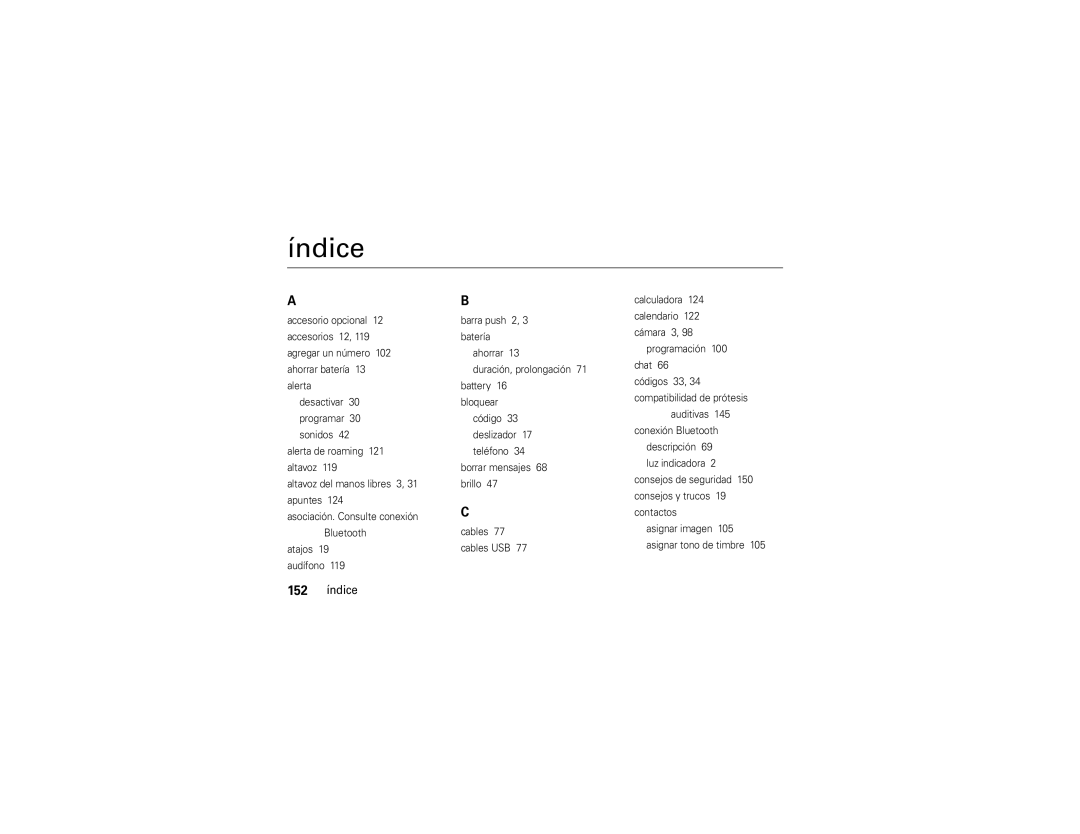 Verizon Z6c Índice, 152 índice, Programación 100 chat, Auditivas, Consejos de seguridad 150 consejos y trucos 19 contactos 