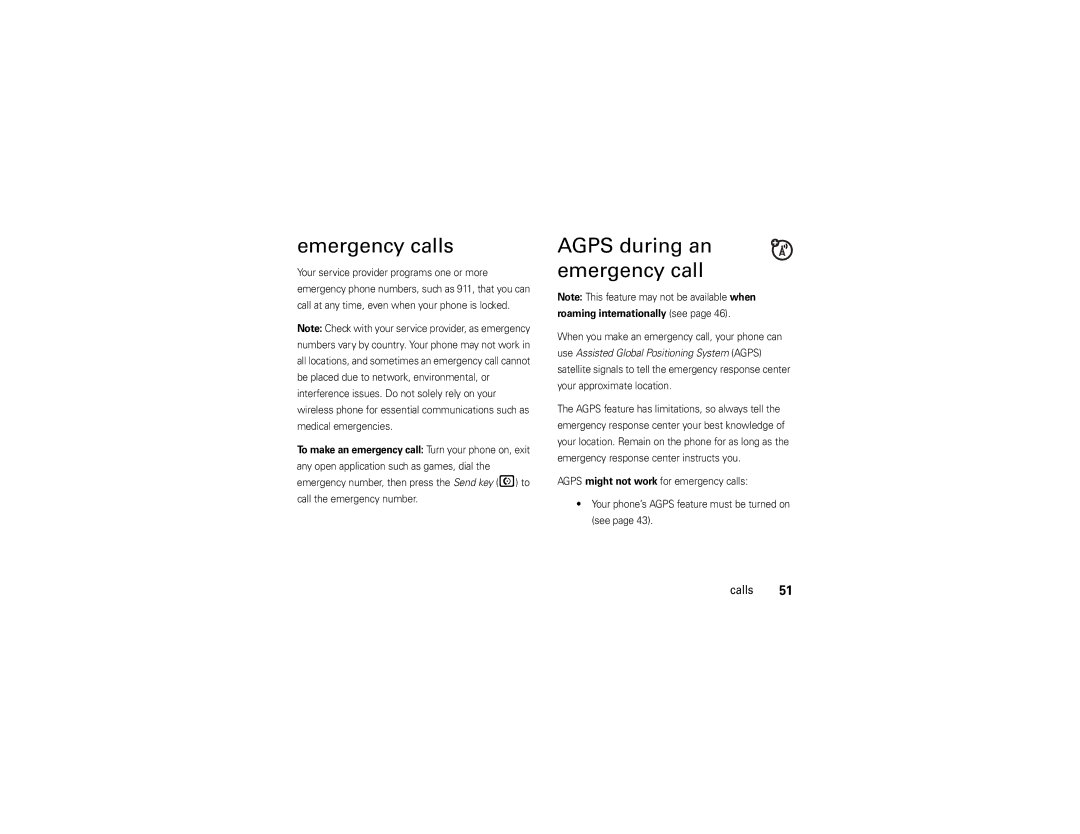 Verizon Z6c manual Emergency calls, Agps during an emergency call 