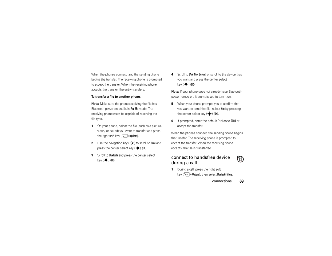 Verizon Z6c manual Connect to handsfree device during a call, To transfer a file to another phone 