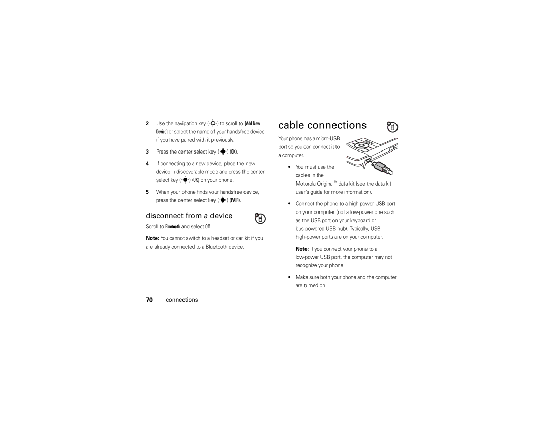 Verizon Z6c manual Cable connections, Disconnect from a device, Scroll to Bluetooth and select Off 