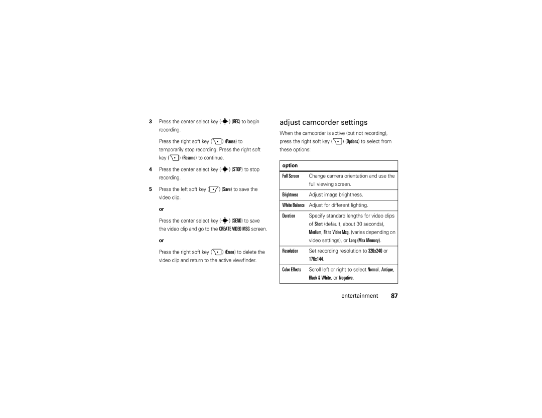 Verizon Z6c manual Adjust camcorder settings, Resolution Set recording resolution to 320x240 or 