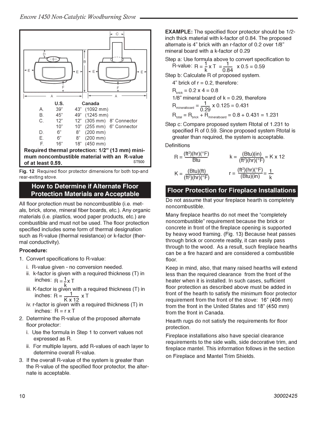 Vermont Casting 1450 installation instructions Floor Protection for Fireplace Installations, Canada 