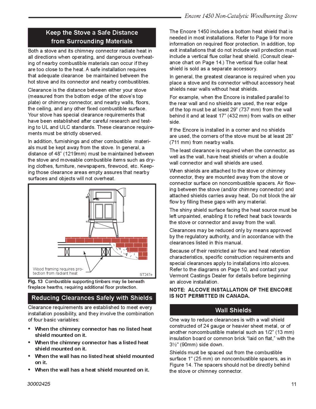 Vermont Casting 1450 Keep the Stove a Safe Distance From Surrounding Materials, Reducing Clearances Safely with Shields 