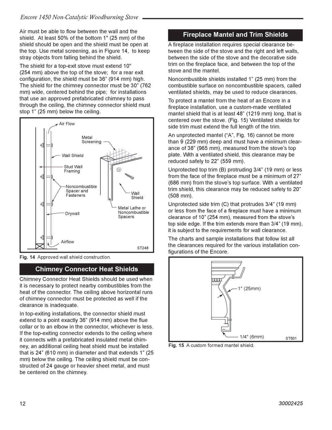 Vermont Casting 1450 installation instructions Chimney Connector Heat Shields, Fireplace Mantel and Trim Shields 