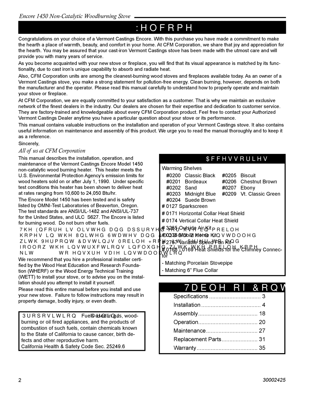 Vermont Casting 1450 installation instructions Welcome, Table of Contents 