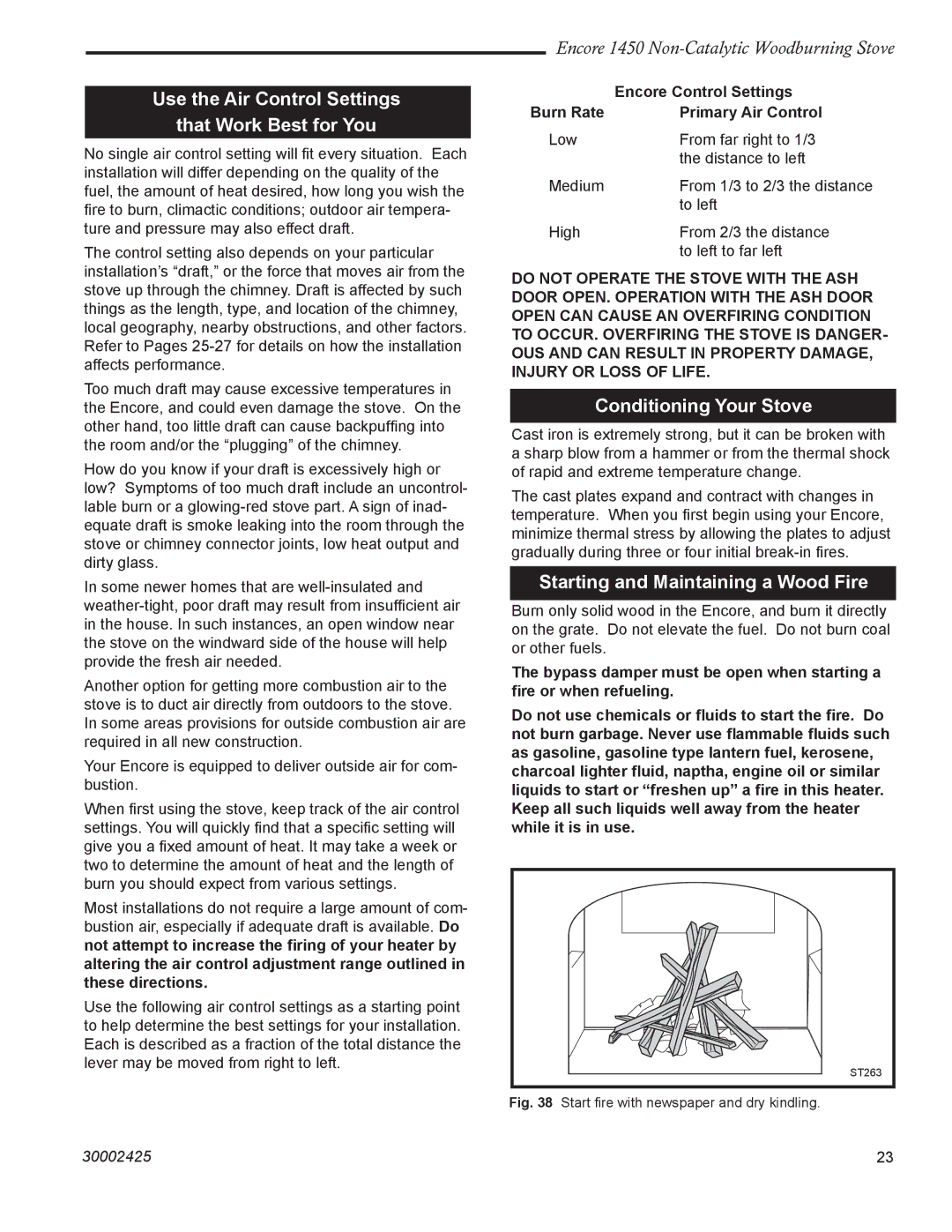 Vermont Casting 1450 installation instructions Use the Air Control Settings That Work Best for You, Conditioning Your Stove 