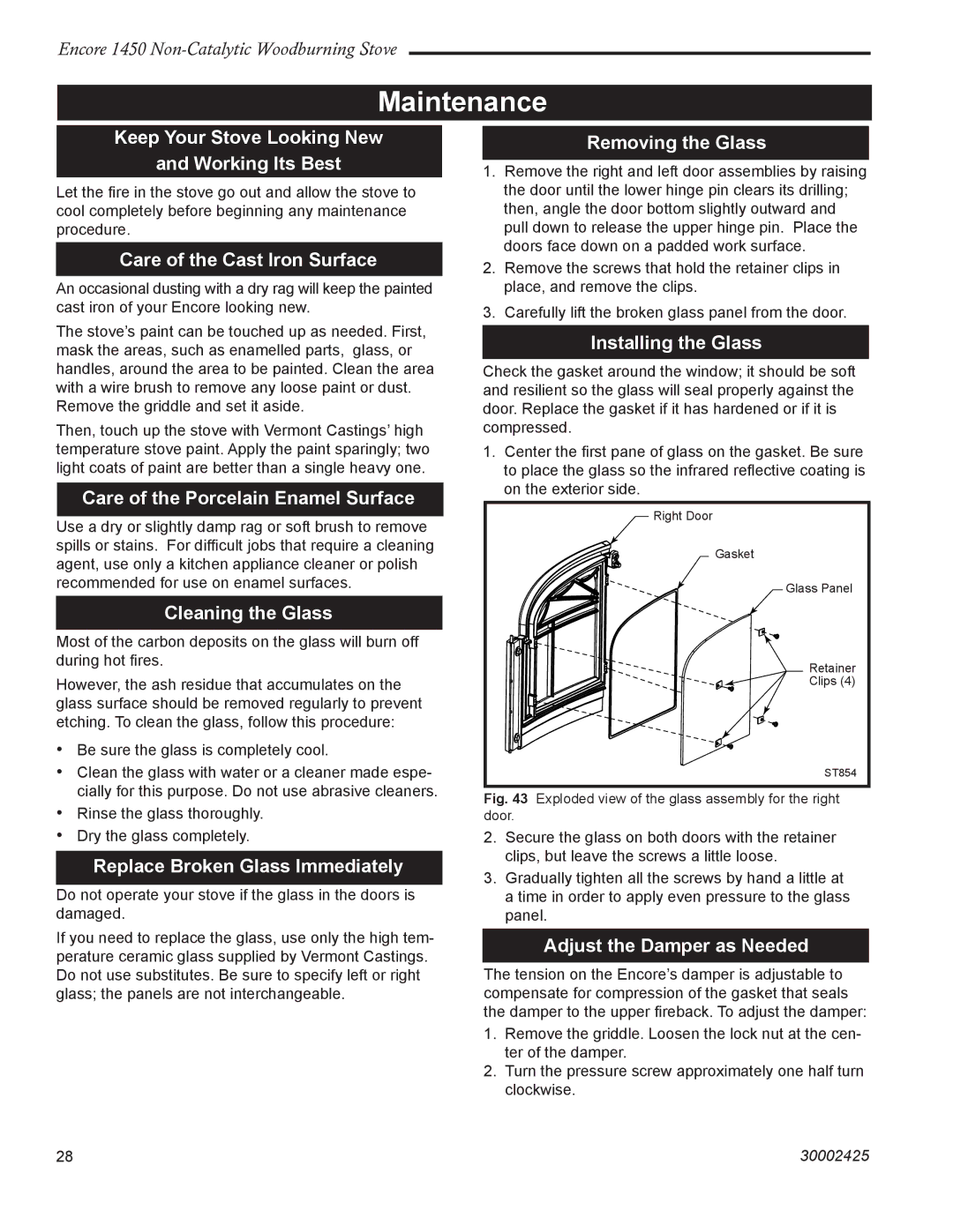 Vermont Casting 1450 installation instructions Maintenance 