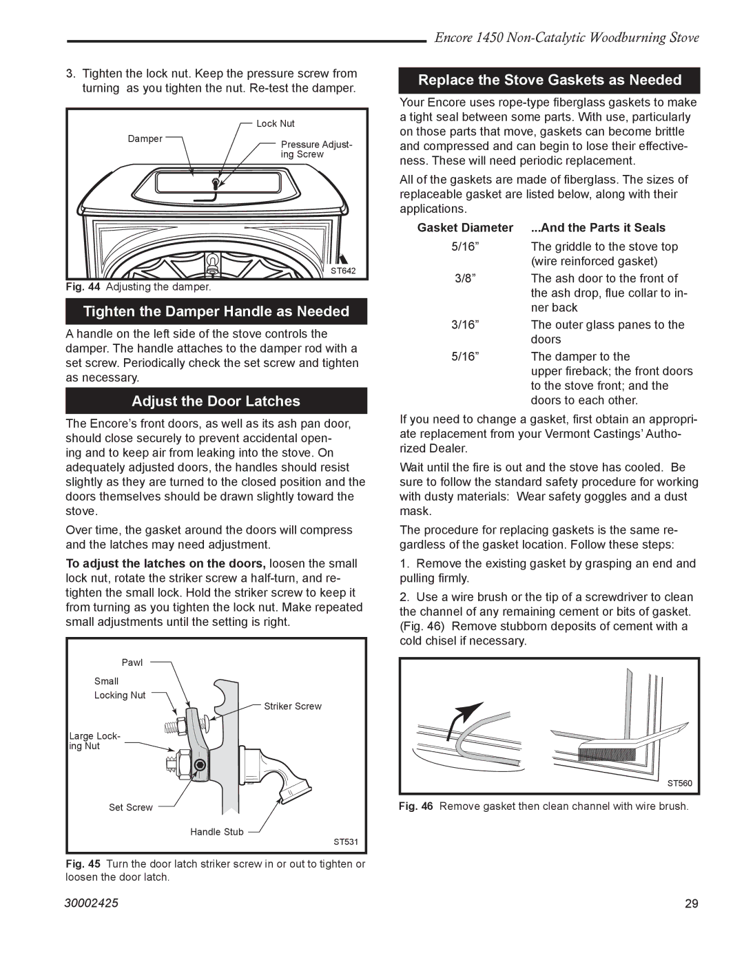 Vermont Casting 1450 Tighten the Damper Handle as Needed, Adjust the Door Latches, Replace the Stove Gaskets as Needed 