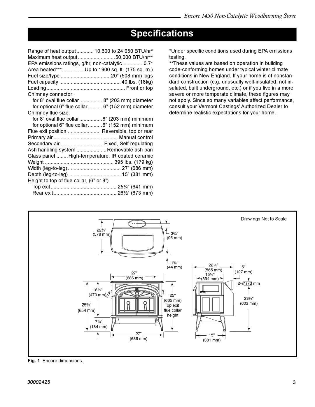 Vermont Casting 1450 installation instructions Speciﬁcations, Encore dimensions 