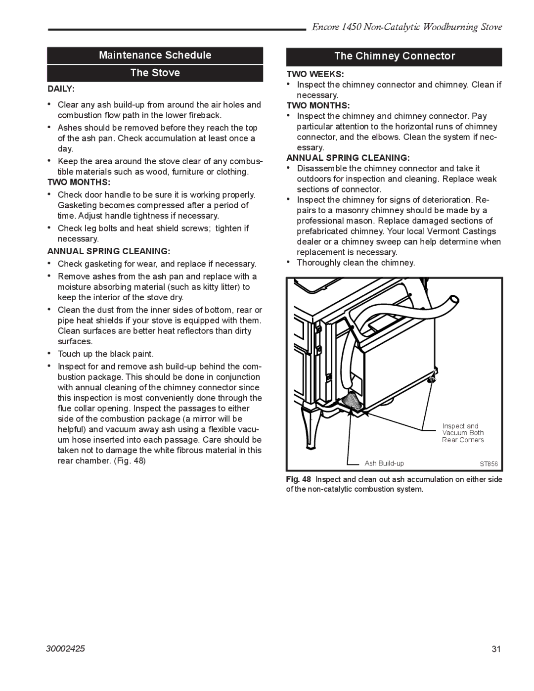 Vermont Casting 1450 installation instructions Maintenance Schedule Stove, Chimney Connector 