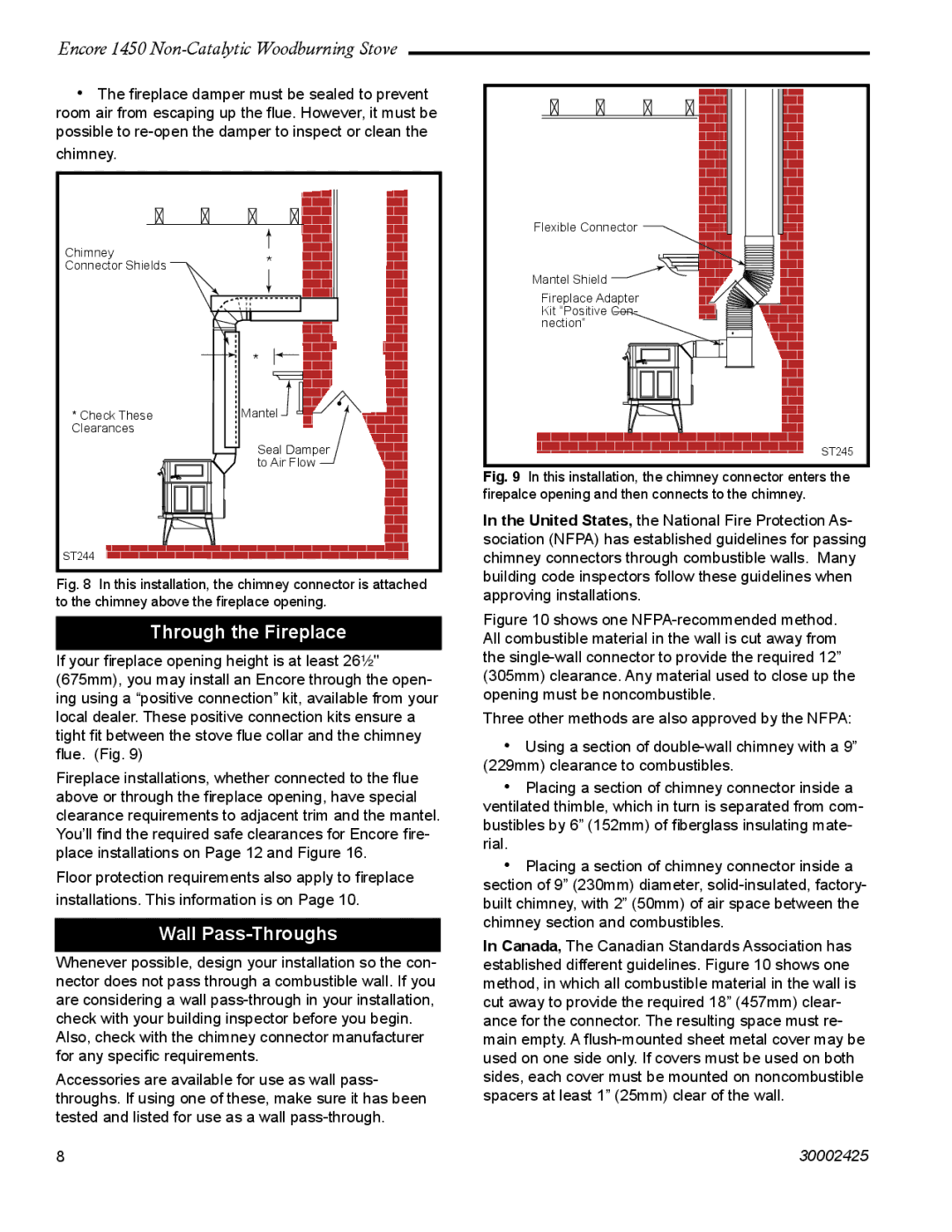 Vermont Casting 1450 installation instructions Through the Fireplace, Wall Pass-Throughs 