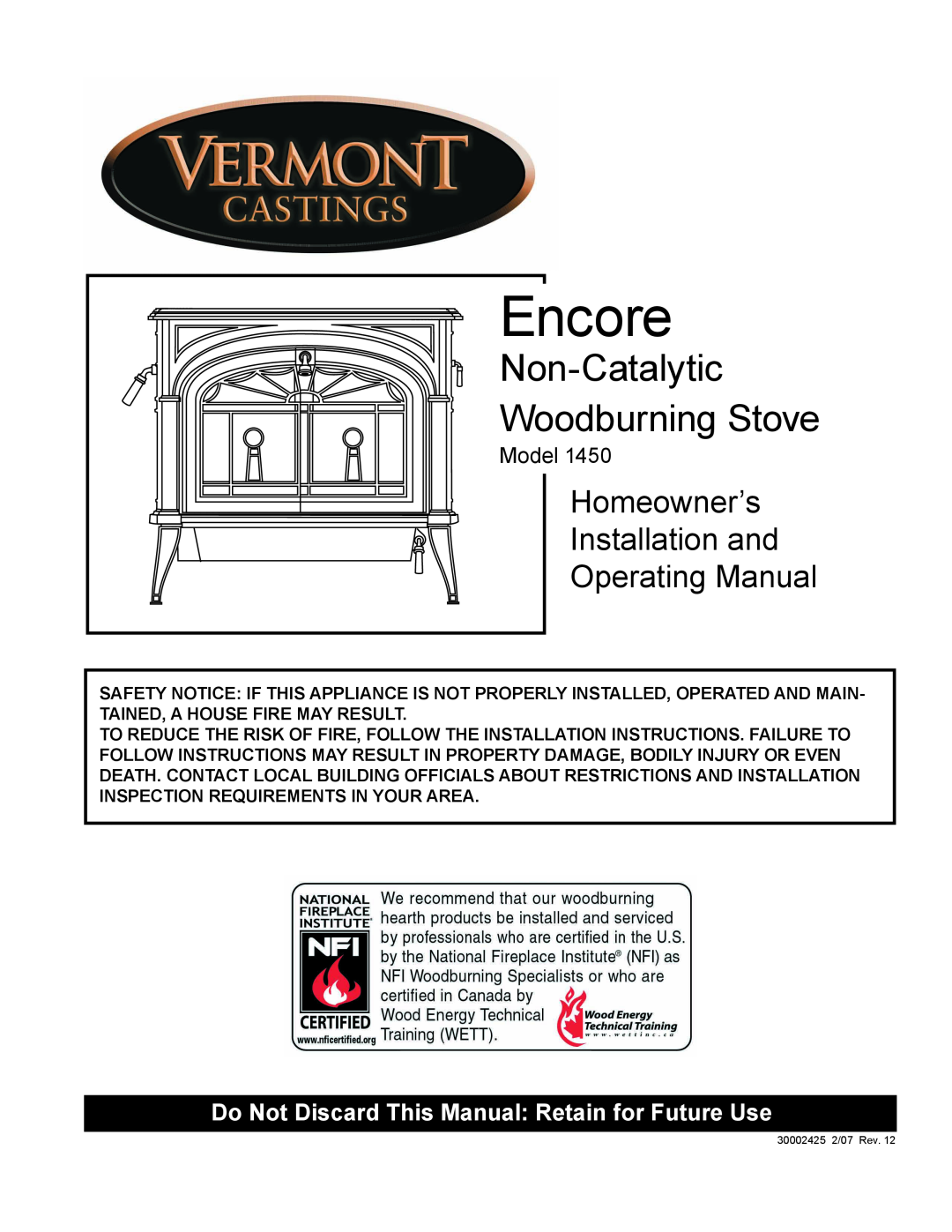 Vermont Casting 1450 installation instructions Encore, Non-Catalytic Woodburning Stove, Model 