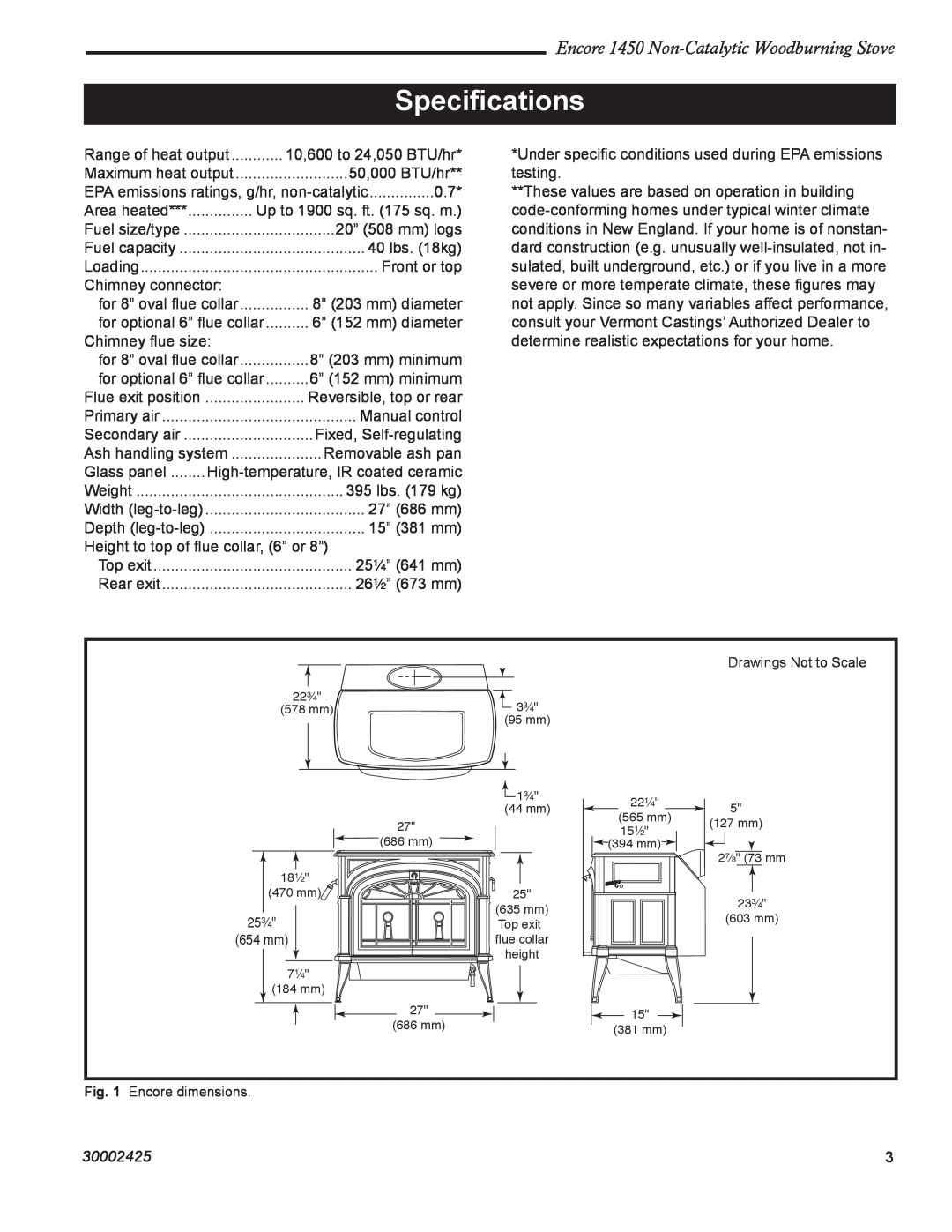 Vermont Casting installation instructions Speciﬁcations, Encore 1450 Non-CatalyticWoodburning Stove, 30002425 