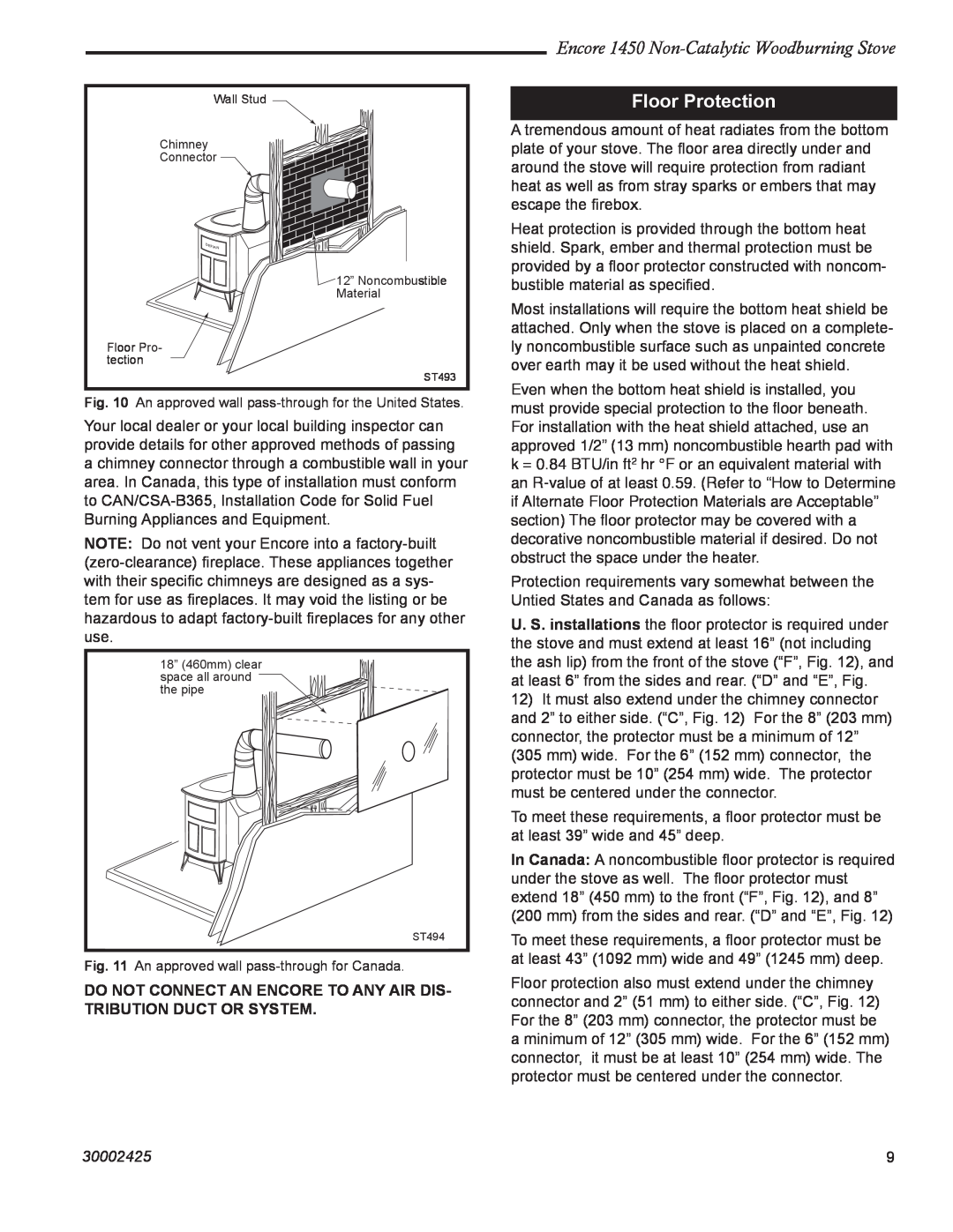 Vermont Casting installation instructions Floor Protection, Encore 1450 Non-CatalyticWoodburning Stove, 30002425 