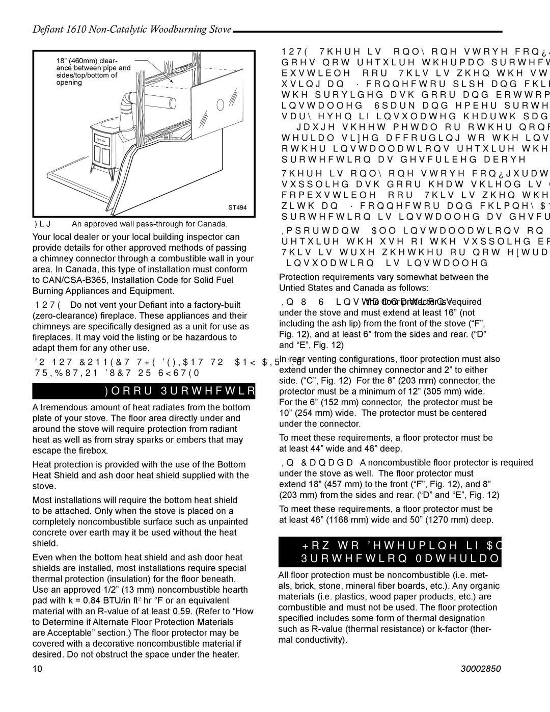 Vermont Casting 1610 installation instructions Floor Protection, An approved wall pass-through for Canada 