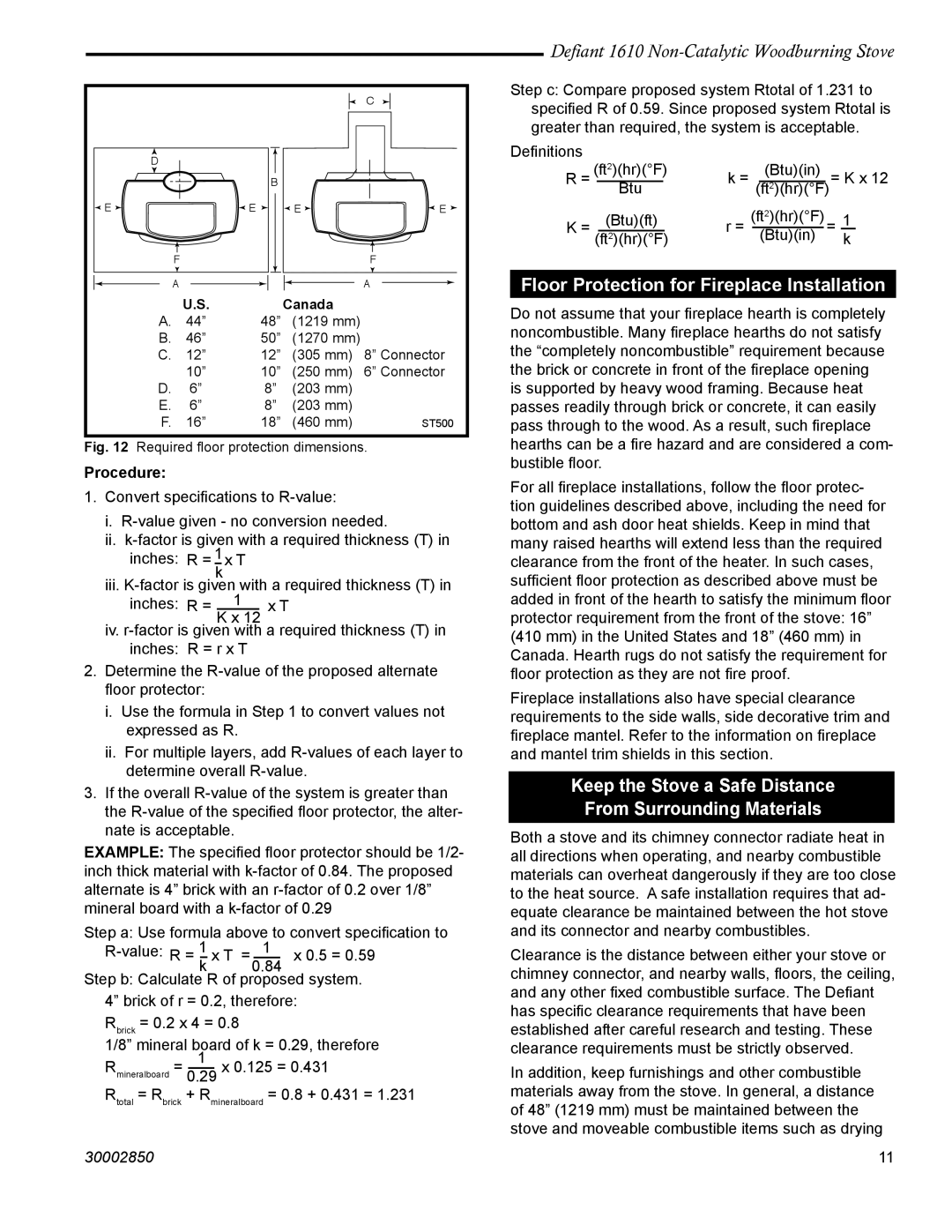 Vermont Casting 1610 installation instructions Floor Protection for Fireplace Installation 