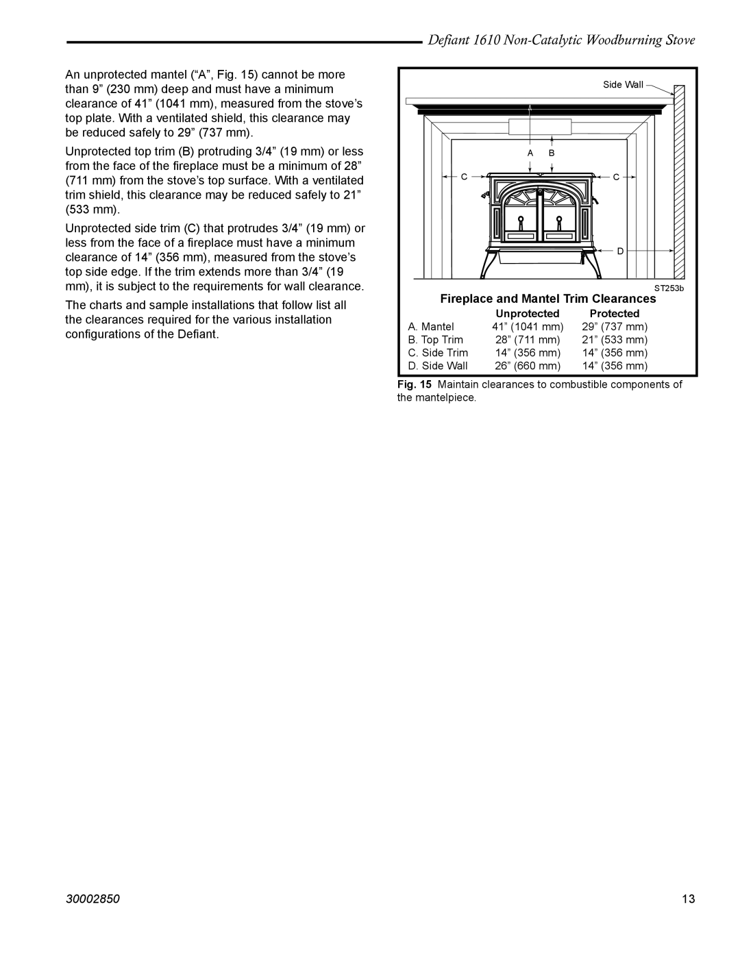 Vermont Casting 1610 installation instructions Fireplace and Mantel Trim Clearances 