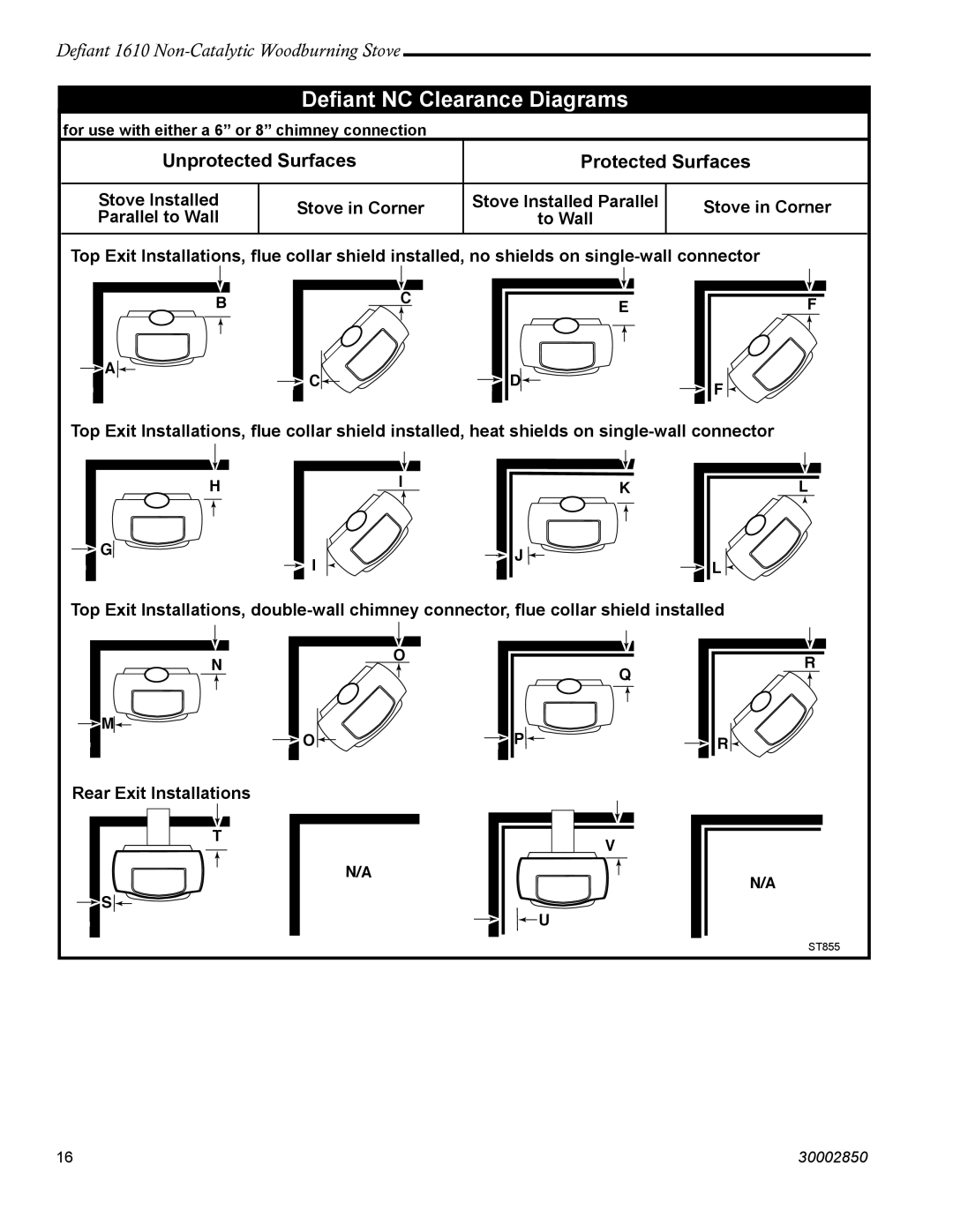 Vermont Casting 1610 installation instructions Deﬁant NC Clearance Diagrams, Unprotected Surfaces Protected Surfaces 