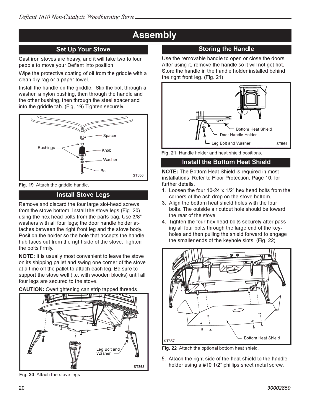 Vermont Casting 1610 Assembly, Set Up Your Stove, Install Stove Legs, Storing the Handle, Install the Bottom Heat Shield 