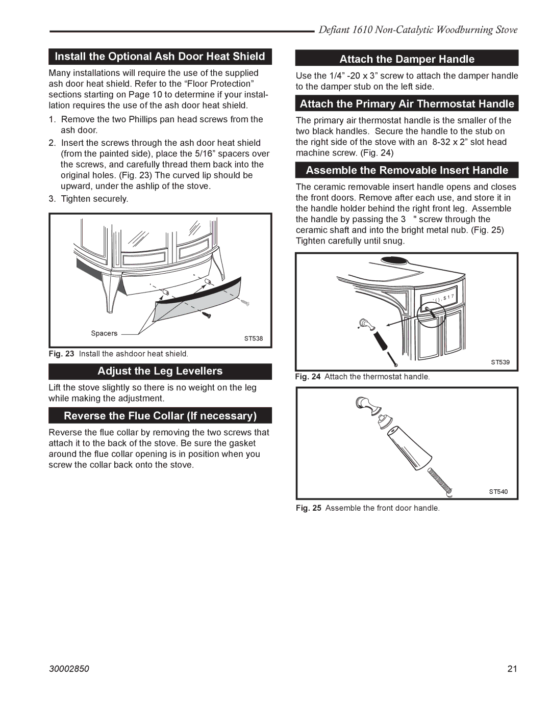 Vermont Casting 1610 Install the Optional Ash Door Heat Shield, Adjust the Leg Levellers, Attach the Damper Handle 