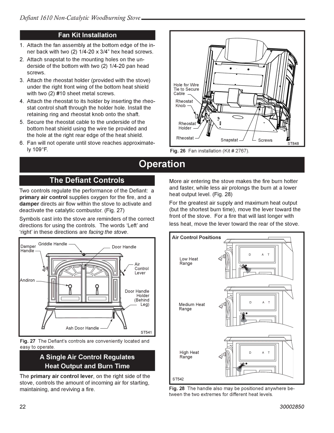 Vermont Casting 1610 installation instructions Operation, Deﬁant Controls, Fan Kit Installation 