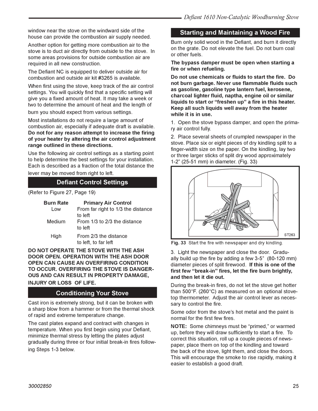 Vermont Casting 1610 Deﬁant Control Settings, Conditioning Your Stove, Starting and Maintaining a Wood Fire 