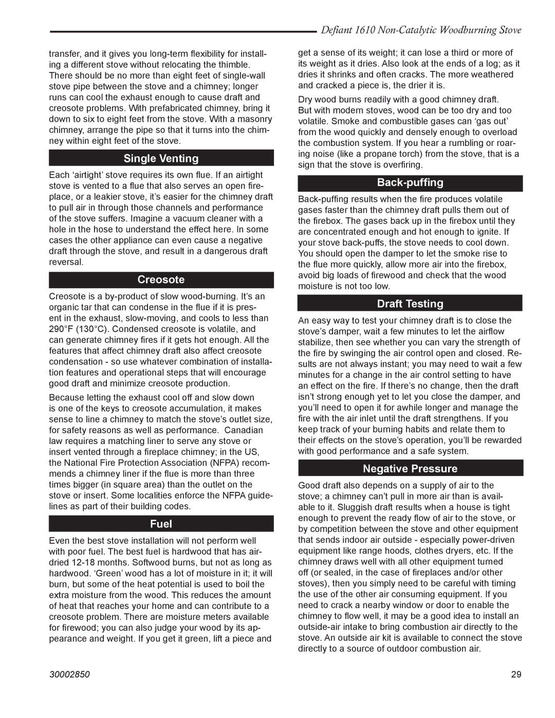 Vermont Casting 1610 Single Venting, Creosote, Fuel, Back-pufﬁng, Draft Testing, Negative Pressure 