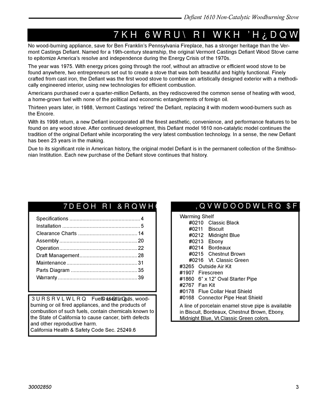 Vermont Casting 1610 installation instructions Story of the Deﬁant, Table of Contents, Installation Accessories 