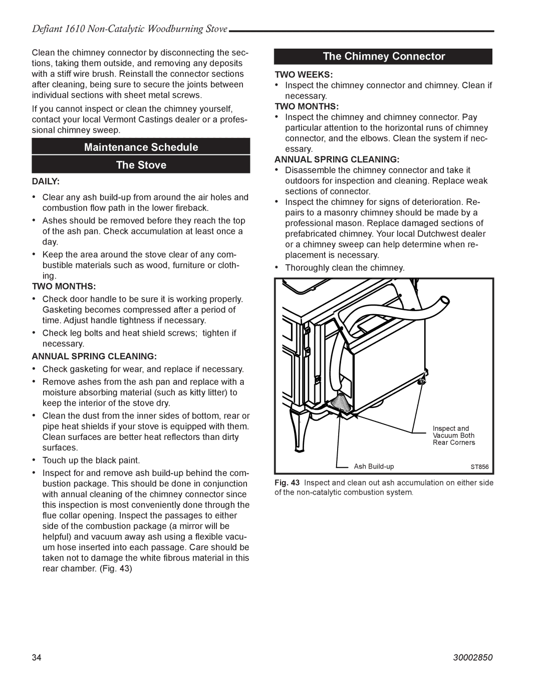 Vermont Casting 1610 installation instructions Maintenance Schedule Stove, Chimney Connector 