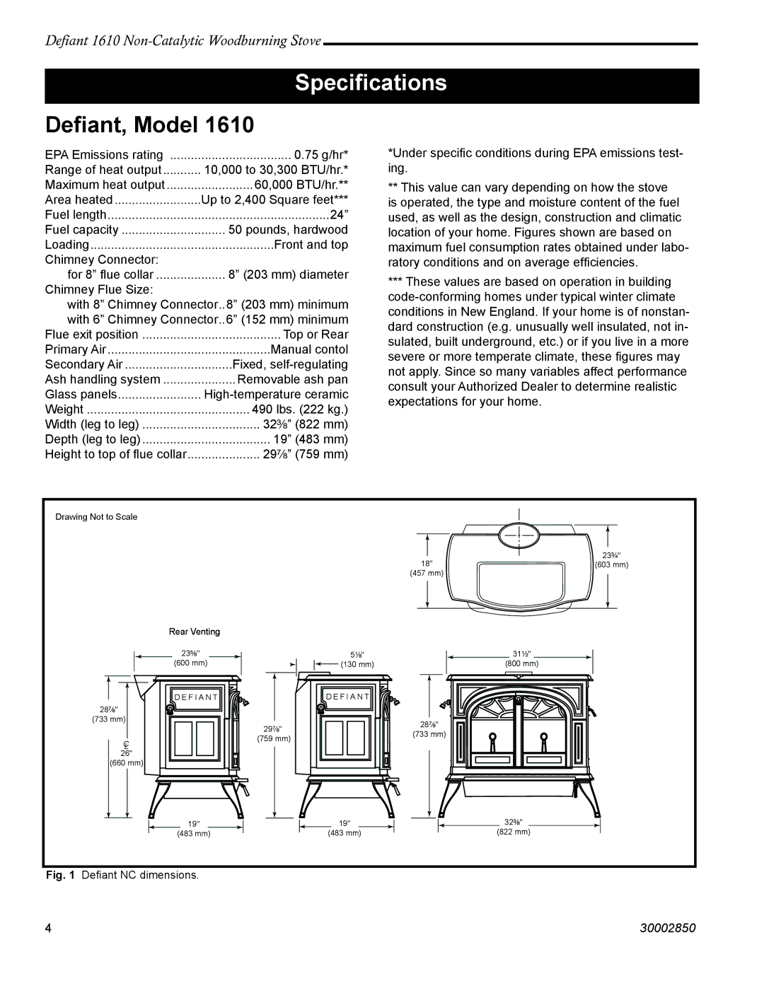 Vermont Casting 1610 installation instructions Speciﬁcations, Deﬁant, Model 