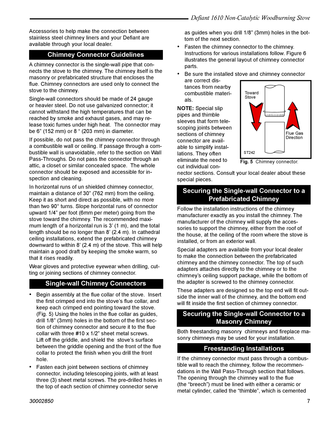 Vermont Casting 1610 Chimney Connector Guidelines, Single-wall Chimney Connectors, Freestanding Installations 