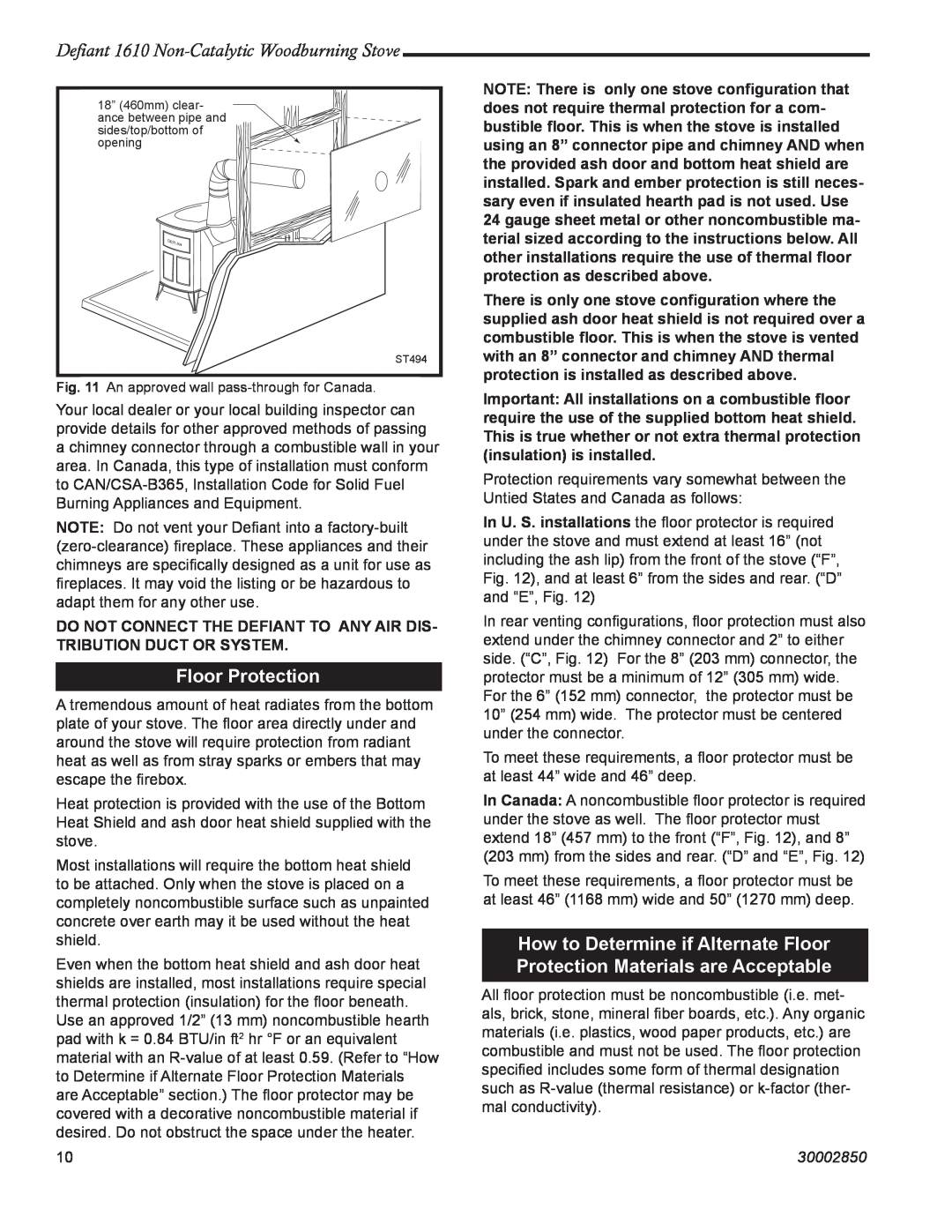 Vermont Casting installation instructions Floor Protection, Defiant 1610 Non-CatalyticWoodburning Stove, 30002850 