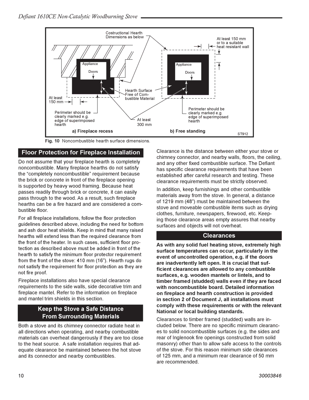 Vermont Casting 1610CE installation instructions Floor Protection for Fireplace Installation, Clearances 