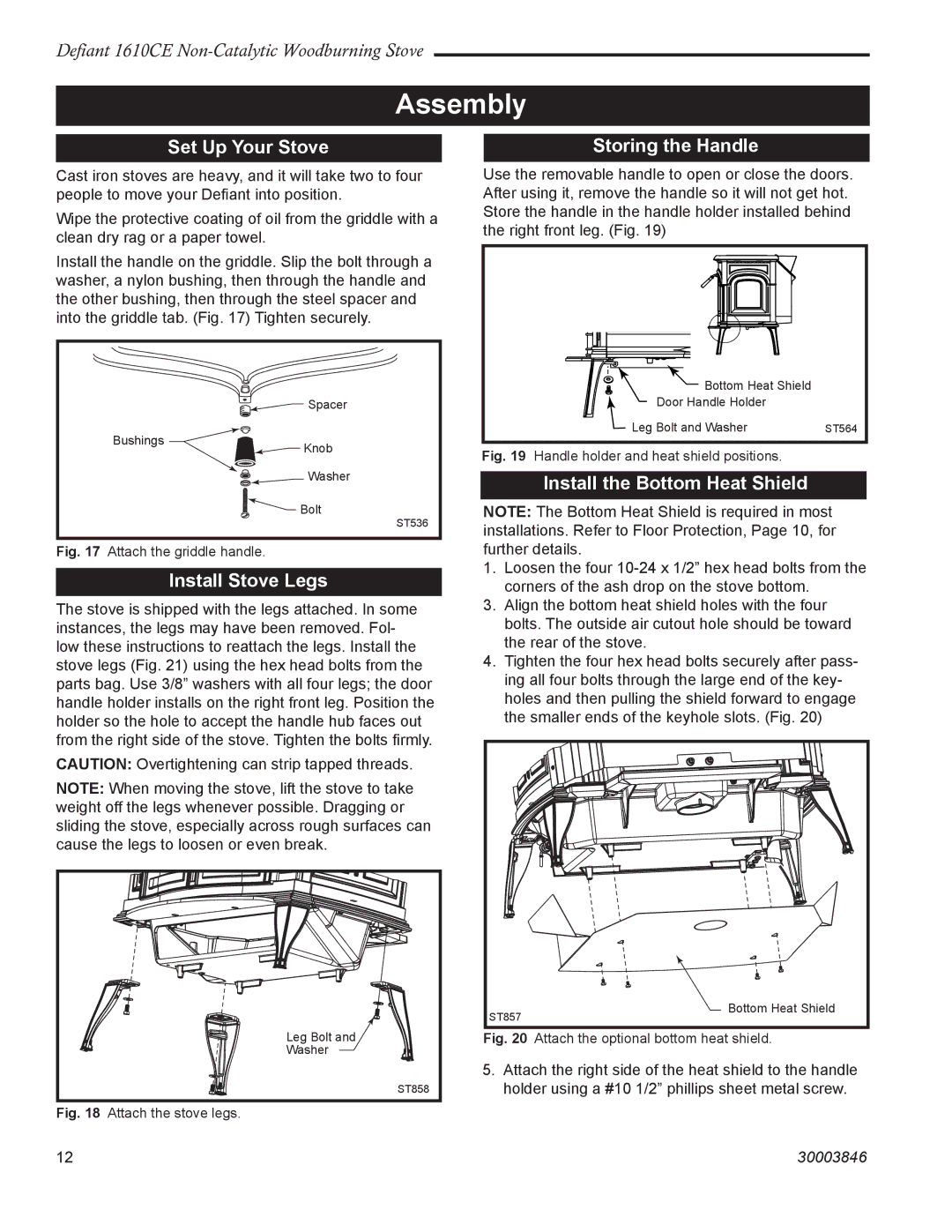 Vermont Casting 1610CE Assembly, Set Up Your Stove, Install Stove Legs, Storing the Handle, Install the Bottom Heat Shield 