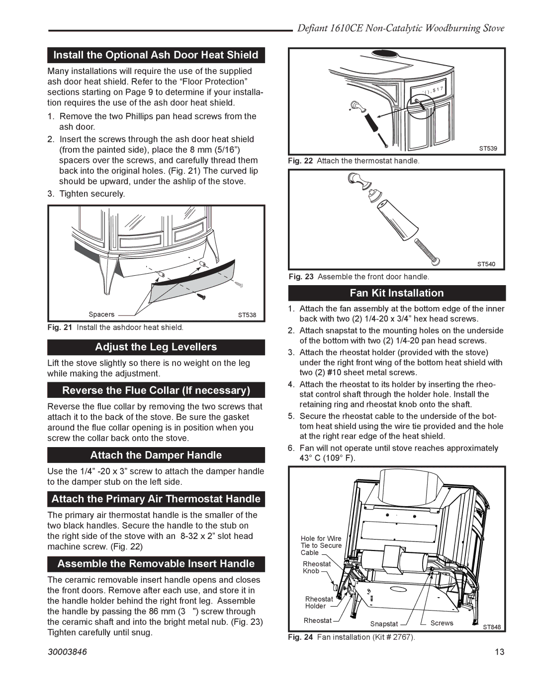 Vermont Casting 1610CE Install the Optional Ash Door Heat Shield, Adjust the Leg Levellers, Attach the Damper Handle 