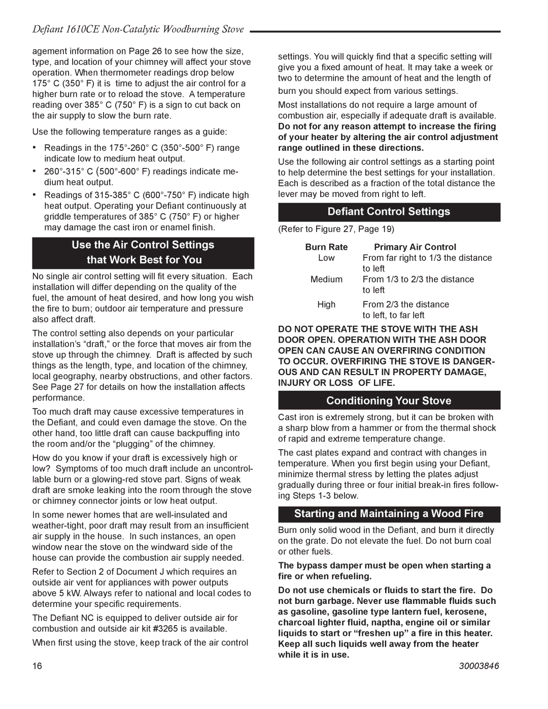 Vermont Casting 1610CE Use the Air Control Settings that Work Best for You, Deﬁant Control Settings 