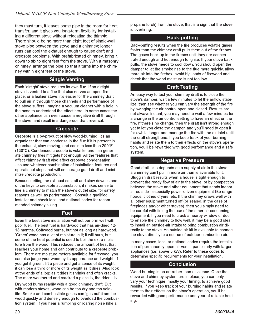 Vermont Casting 1610CE Single Venting, Creosote, Fuel, Back-pufﬁng, Draft Testing, Negative Pressure, Conclusion 