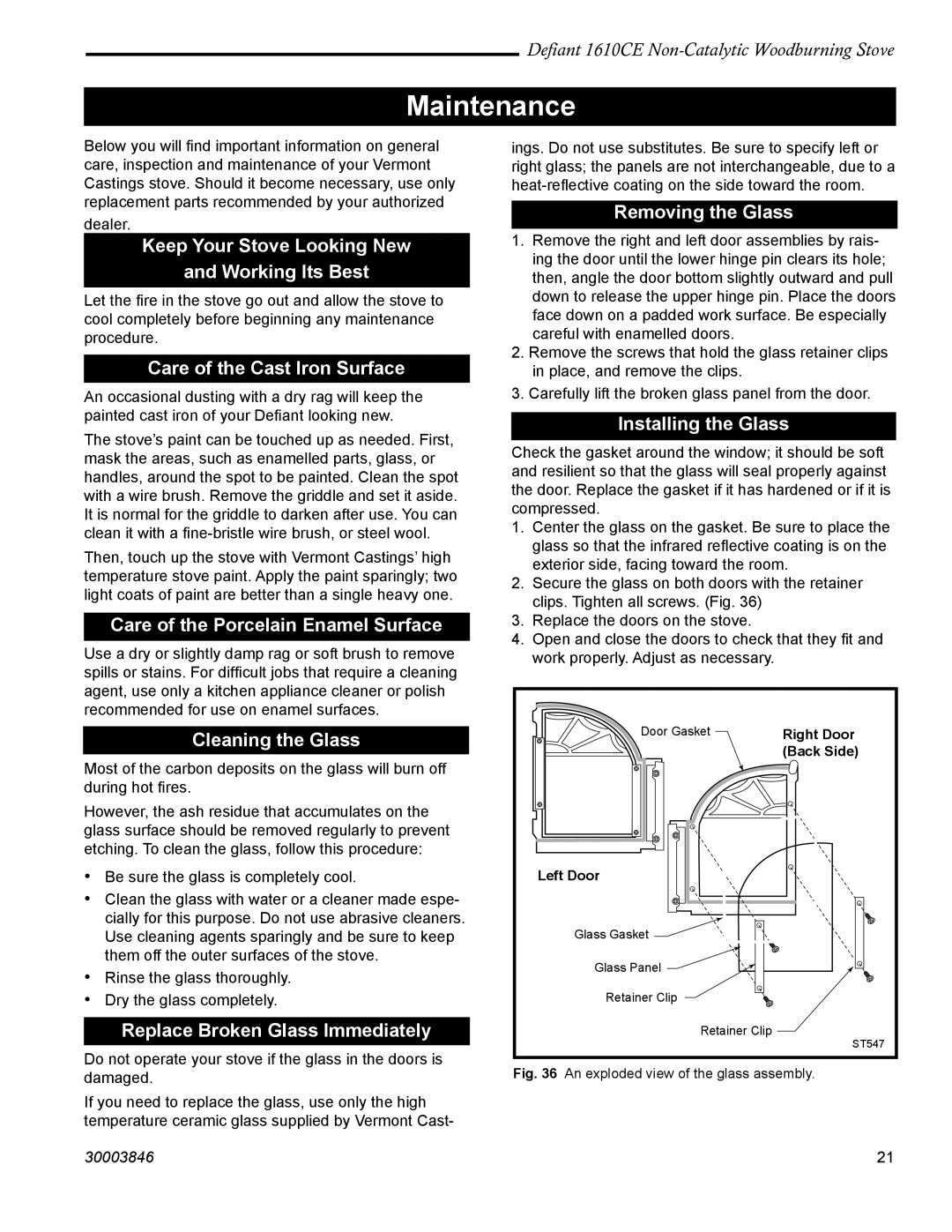 Vermont Casting 1610CE installation instructions Maintenance 