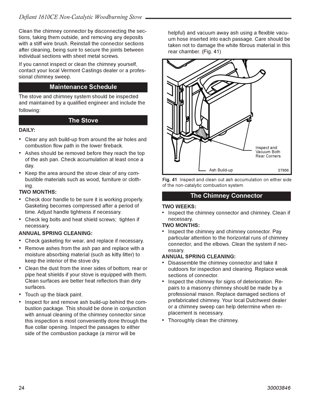 Vermont Casting 1610CE installation instructions Maintenance Schedule, Stove, Chimney Connector 