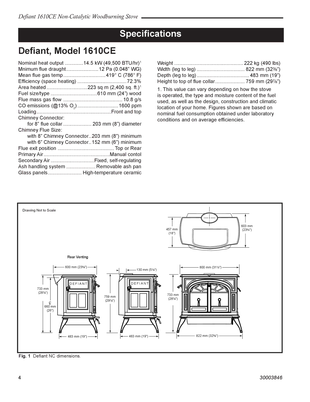 Vermont Casting installation instructions Speciﬁcations, Deﬁant, Model 1610CE 