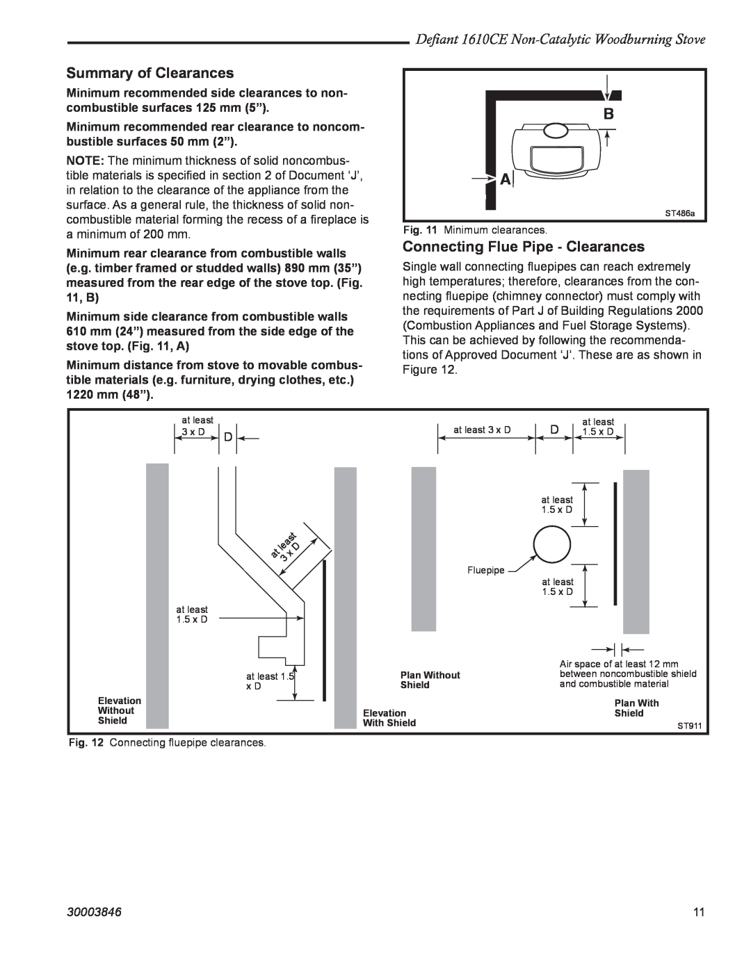 Vermont Casting 1610CE installation instructions Summary of Clearances, Connecting Flue Pipe - Clearances, 30003846 