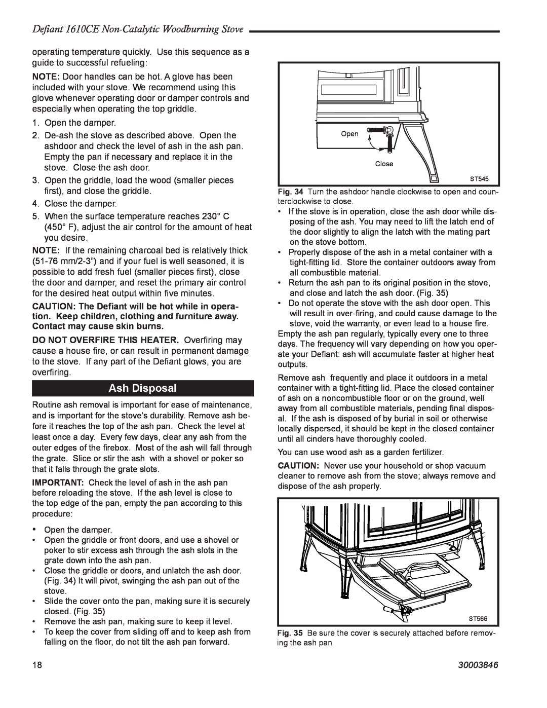 Vermont Casting installation instructions Ash Disposal, Defiant 1610CE Non-CatalyticWoodburning Stove, 30003846 