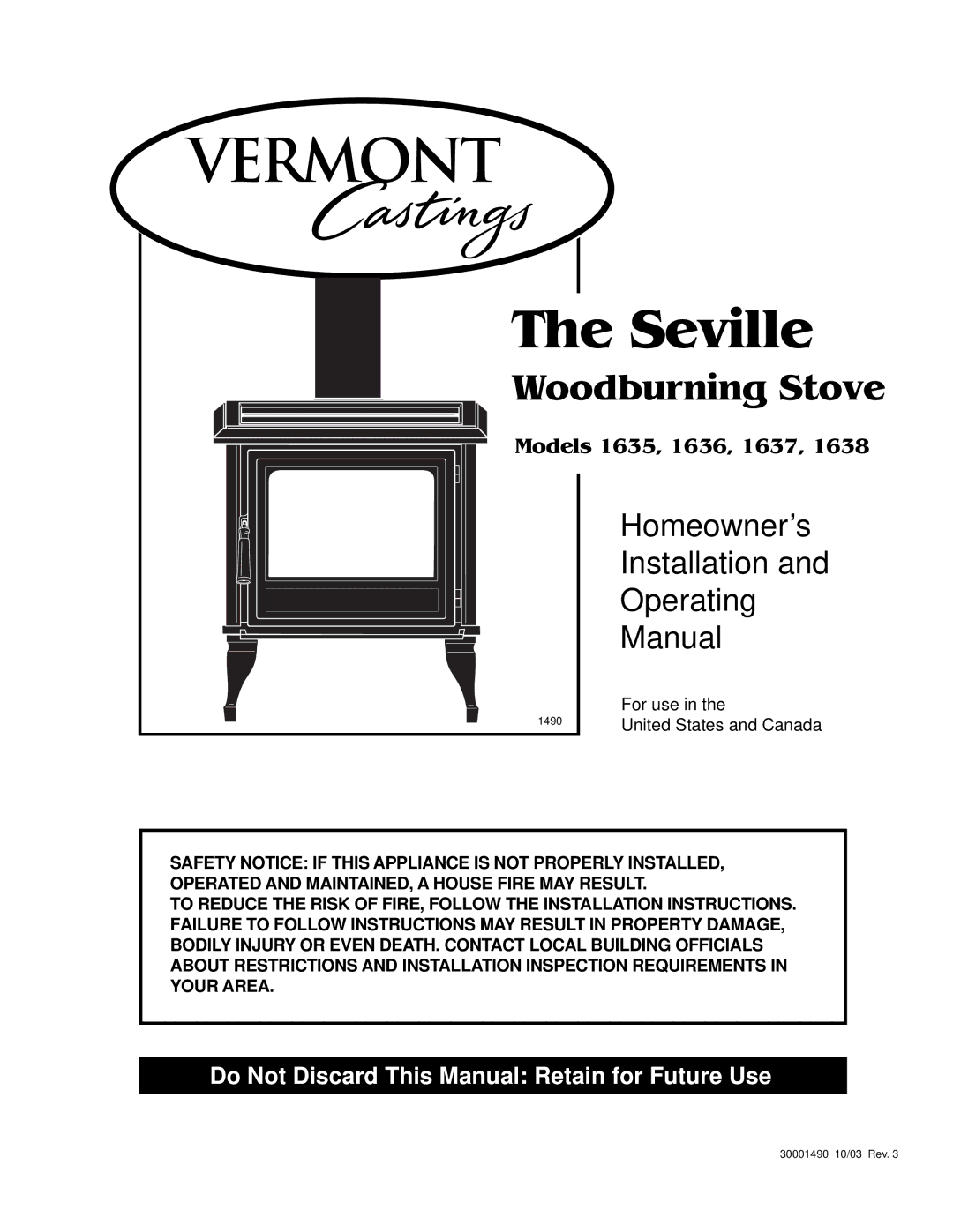 Vermont Casting 1638, 1635, 1637, 1636 installation instructions Seville 