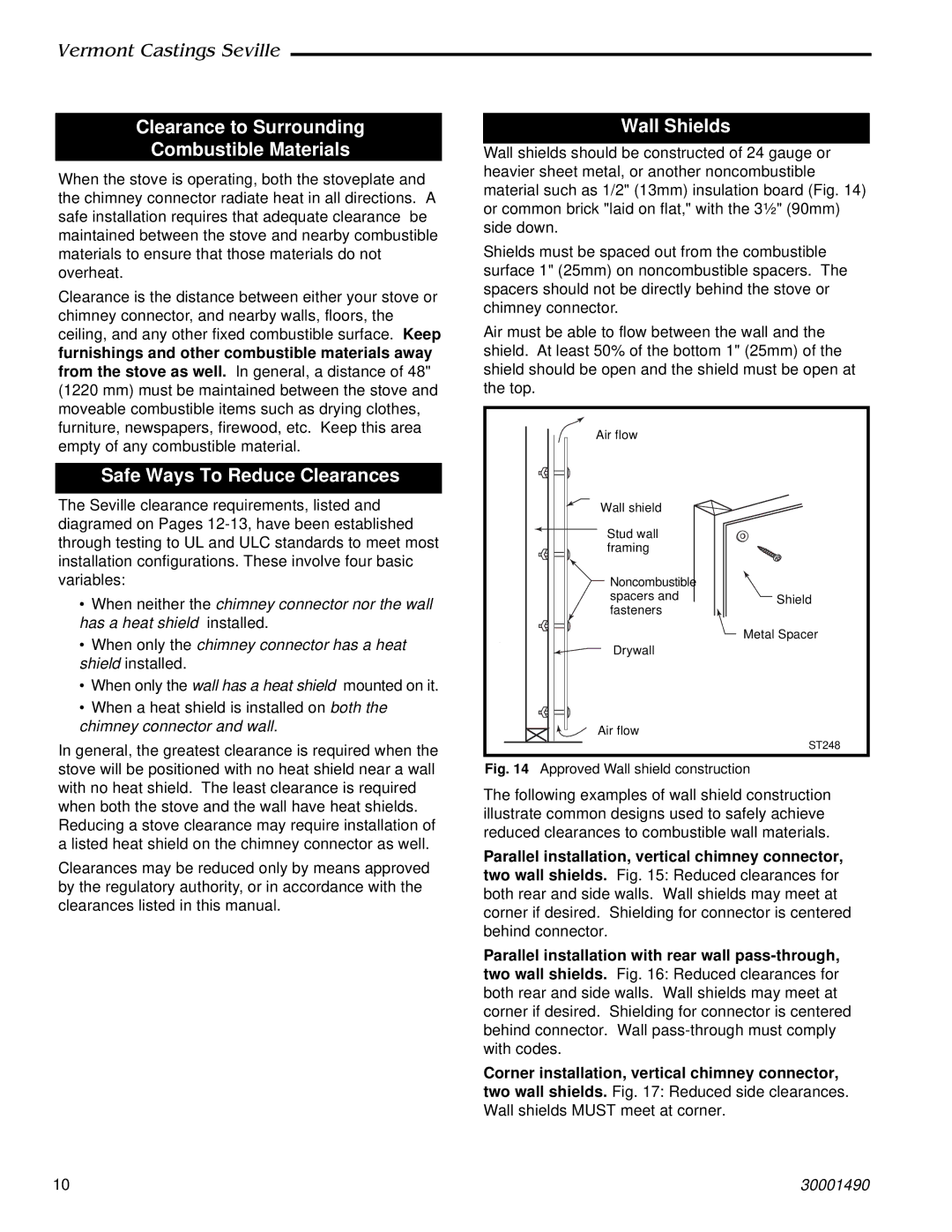 Vermont Casting 1637, 1635 Clearance to Surrounding Combustible Materials, Safe Ways To Reduce Clearances, Wall Shields 