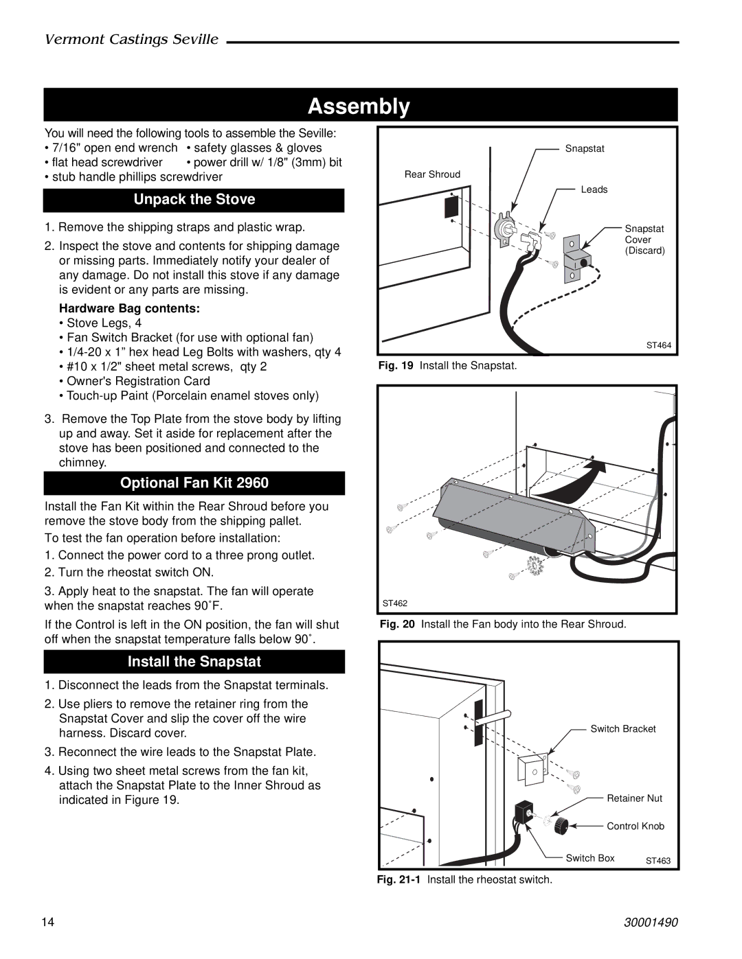 Vermont Casting 1637, 1635, 1638 Assembly, Unpack the Stove, Optional Fan Kit, Install the Snapstat, Hardware Bag contents 