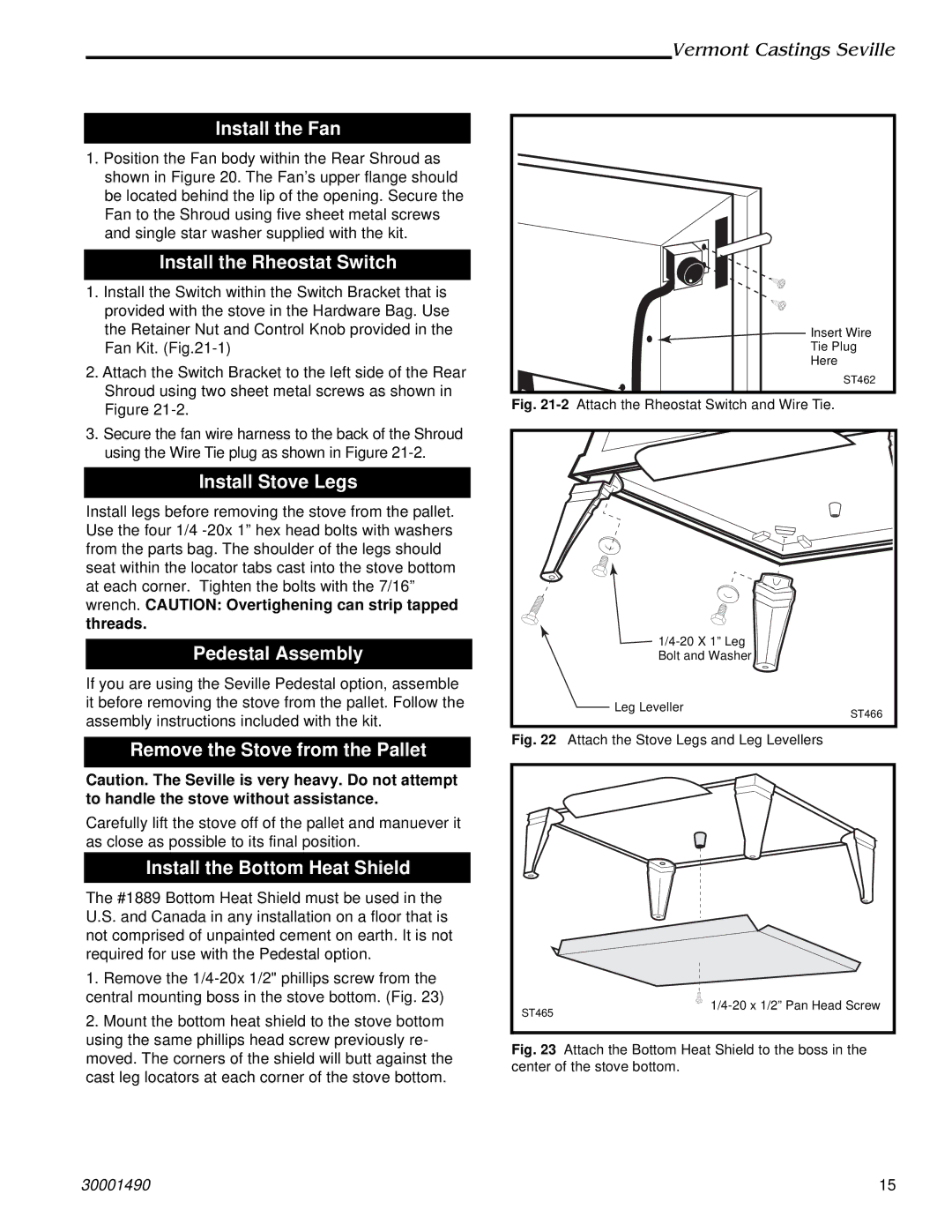 Vermont Casting 1636, 1635, 1638, 1637 Install the Fan, Install the Rheostat Switch, Install Stove Legs, Pedestal Assembly 